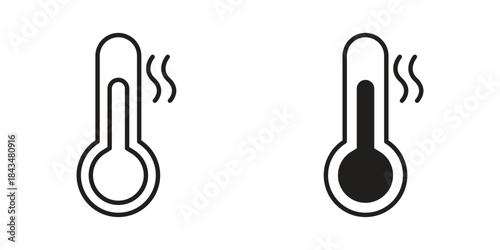 Thermometer icons. Solid black silhouette and line art outline. Minimal design element,
