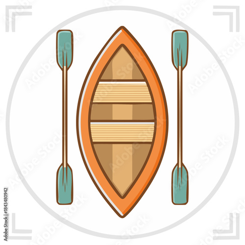 Simple cartoon wooden rowboat with two paddles overhead view vector illustration