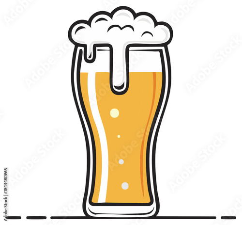 Cartoon Illustration of a Cold Glass of Beer with Overflowing Foam
