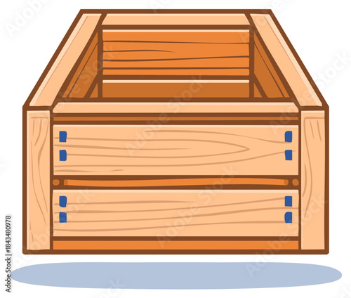 Vector illustration of a wooden crate.  Detailed planks and trim create a sturdy container for storage and transportation.