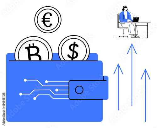 Cryptocurrency wallet. Cryptocurrency wallet displaying Bitcoin, Euro, and Dollar icons with upward graph trends. Cryptocurrency facilitates digital transactions and investment growth. For fintech