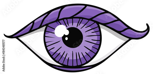 Cartoon illustration of a purple eye with a black pupil and detailed eyelashes