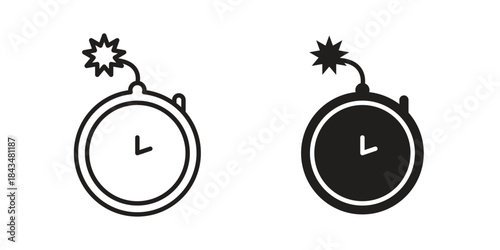 Time bomb icons. Solid black silhouette and line art outline. Minimal design element,