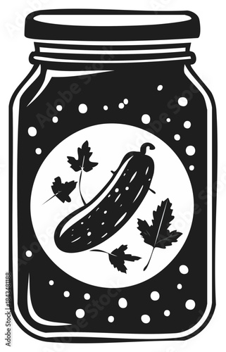 Black and white illustration of a homemade pickle jar with cucumber and leaves