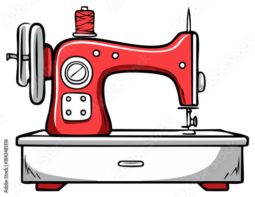 Illustration of a Red Sewing Machine with a Thread Spool on Top, Sewing Concept