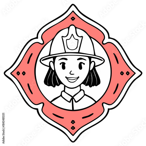 Cartoon child firefighter in a decorative frame smiling wearing helmet ready for duty