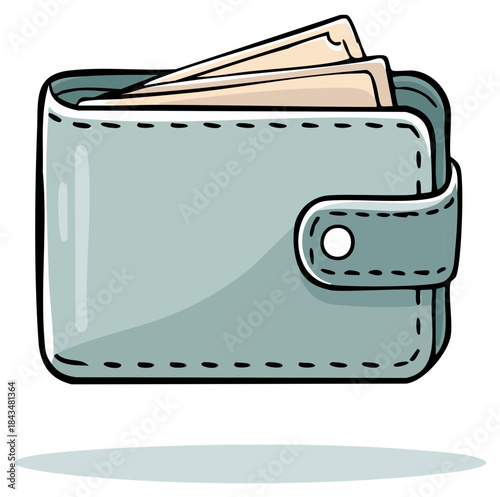 Whimsical cartoon illustration of a light blue wallet full of cash or credit cards with a snap closure