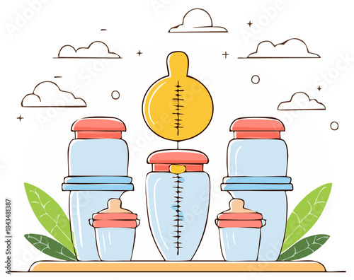 Charming doodle illustration of baby feeding bottles and newborn essentials on a shelf with clouds.