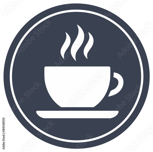 Steaming coffee cup with saucer in navy blue circle icon illustration