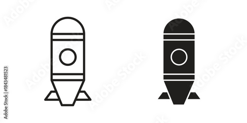 Torpedo icons. Solid black silhouette and line art outline. Minimal design element,