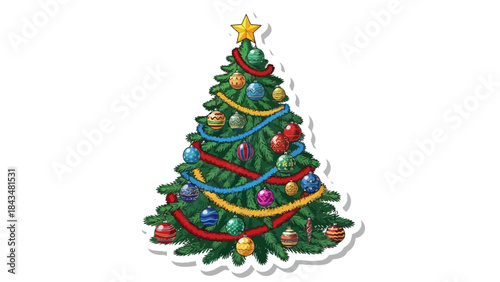 A festive vector illustration of a green Christmas tree lavishly decorated with a golden star, colorful ornaments, and vibrant tinsel, isolated on a white background.