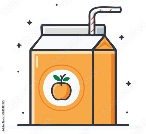 Orange juice box with straw and apple icon for refreshing beverage consumption