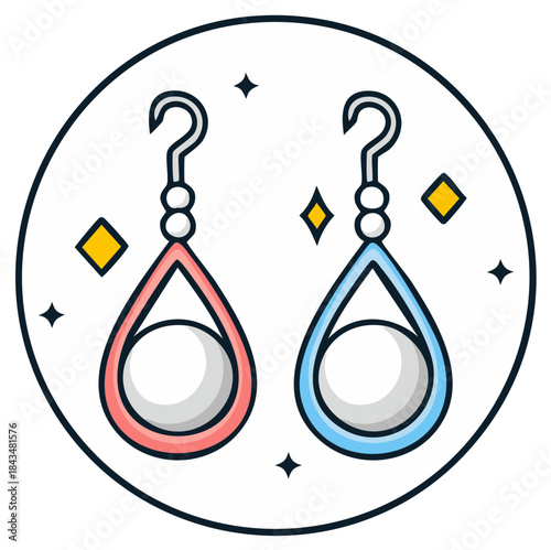 Earring illustration, with pink and blue design, inside a circle with stars