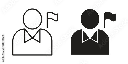 Tour guide icons. Solid black silhouette and line art outline. Minimal design element,