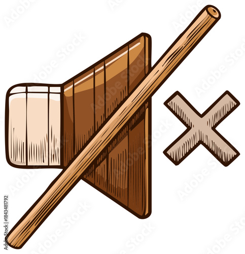 Wooden mute symbol icon with a prohibition sign on speaker graphic