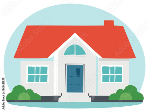 Illustration of Single Family House with Red Roof and Green Bushes Landscape