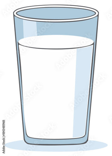 Clear glass filled with white milk on a light blue surface