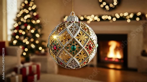 Vibrant Christmas ornament hanging in a cozy living room with fireplace