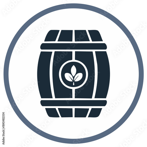 Stylized barrel icon with organic leaf symbol inside a circular outline graphic