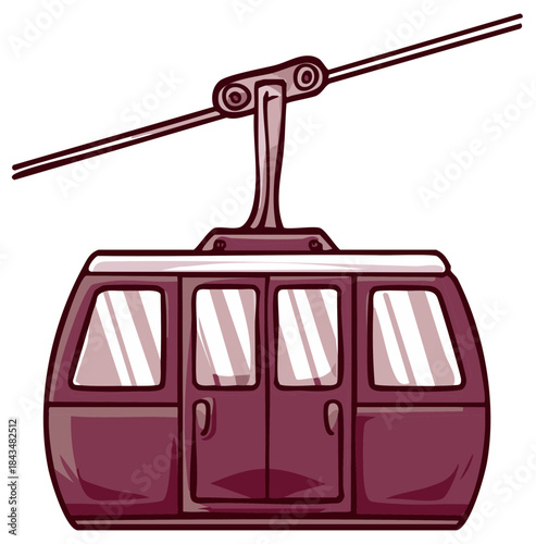 Maroon gondola vector illustration, lift carriage, winter mountain aerial cable car cabin, transportation