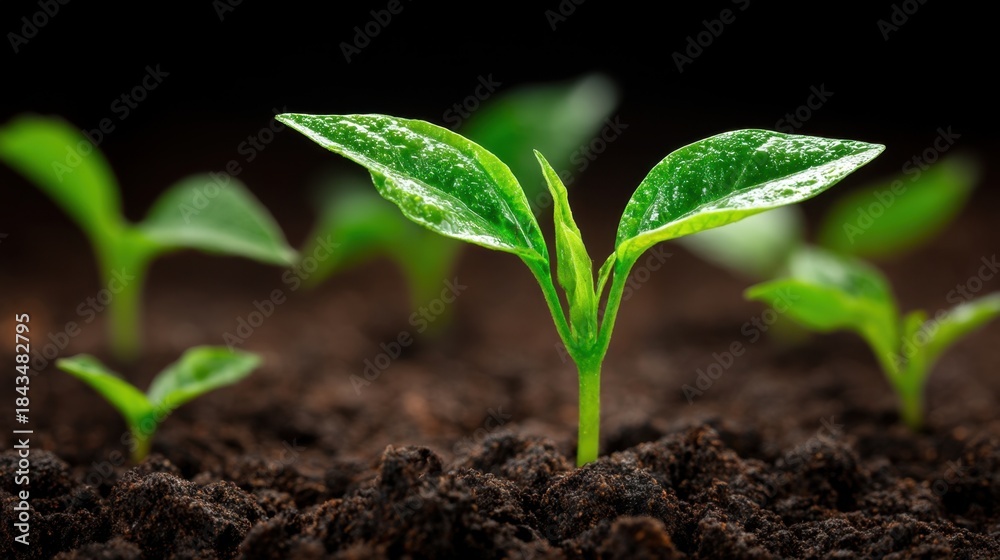 Fototapeta premium Small green plants emerge from rich dark soil showcasing new growth with bright leaves. The scene captures the essence of nature in a garden setting during the day.