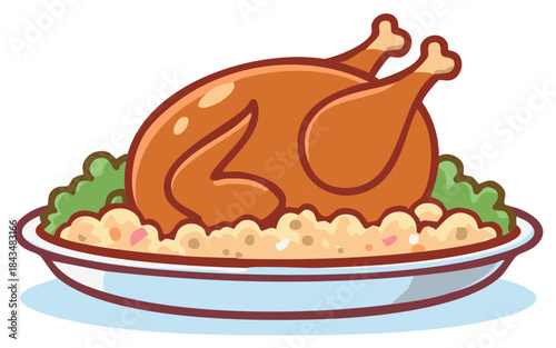 Cartoon Style Roast Chicken with Stuffing and Vegetables on a Platter Food Illustration