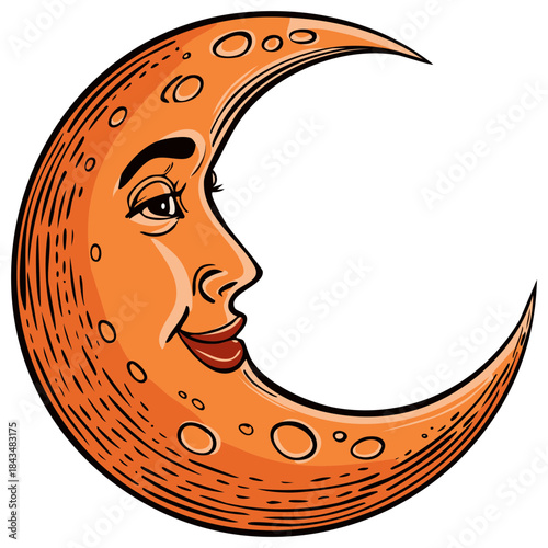 Whimsical smiling crescent moon illustration with a friendly face in vintage style