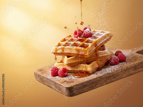 Delicious stack of waffles topped with fresh raspberries, maple syrup, and powdered sugar