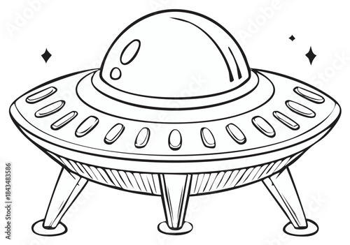 Illustration of a cartoon UFO, a flying saucer with dome and lights, vector