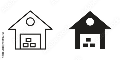 Warehouse icons. Solid black silhouette and line art outline. Minimal design element,