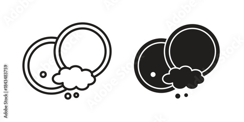 Washing dishes icons. Solid black silhouette and line art outline. Minimal design element,