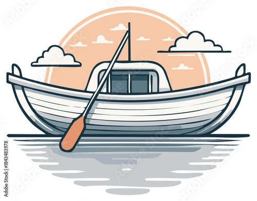 Wooden rowboat on calm water with oar at sunset vector illustration