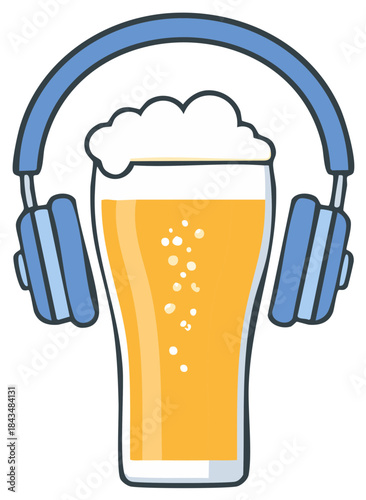 Fun cartoon illustration of a glass of refreshing beer with froth and bubbles wearing blue headphones