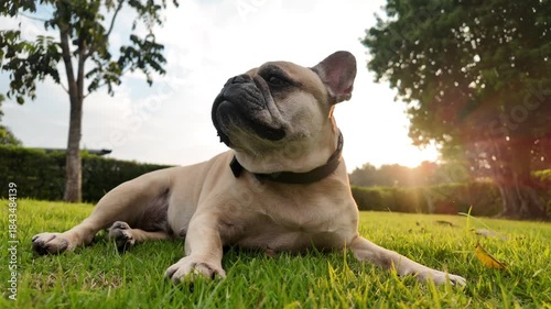 French Bulldog in Sunlit Garden: A charming french bulldog basks in the sun, lounging contentedly in a vibrant, grassy garden, with the gentle caress of sunlight and lush foliage.