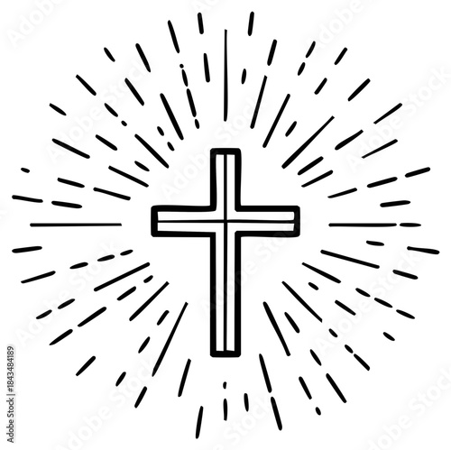 Black outline Christian cross symbol with radiating light rays spiritual concept design