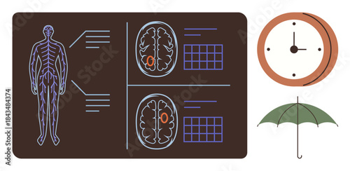 Human body chart with labeled diagrams, brain scans analyzing areas, clock signifying time, umbrella symbolizing protection. Ideal for health, neuroscience, research, diagnostics, support
