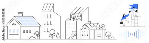 Renewable energy, sustainability, eco-friendly architecture, urban design, clean power, solar energy. ion of buildings with solar panels and a person installing solar panels. Sustainability
