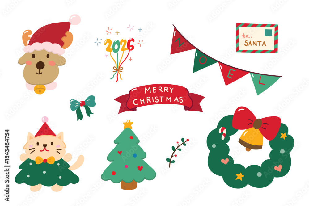 Fototapeta premium Hand drawn christmas ornaments set includes reindeer, ribbon bow, santa letter, triangular bunting flags, christmas wreath vector design.