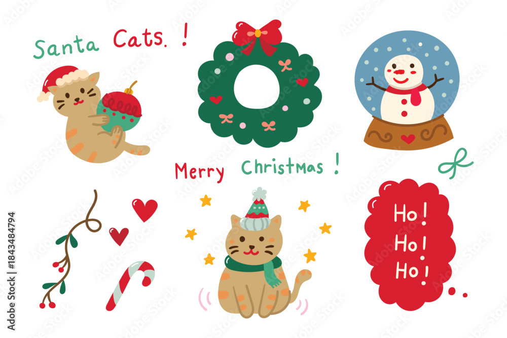 Naklejka premium Hand drawn christmas ornaments set includes cat, snowman, christmas wreath, candy cane, cherry tree vector design.