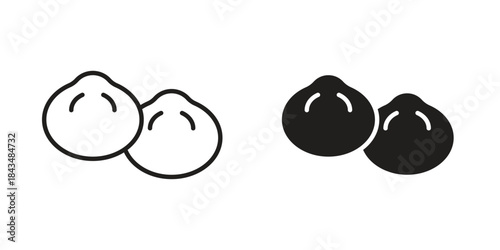 Xiao long bao icons. Solid black silhouette and line art outline. Minimal design element,