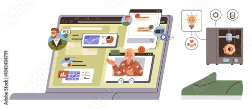 Laptop screen showcasing online team communication, data sharing, and video calls. Includes 3D printer with connected settings and product output. Ideal for teamwork, innovation, technology, design