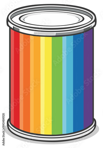 A stylized metal paint can overflowing with the vibrant colors of a rainbow spectrum