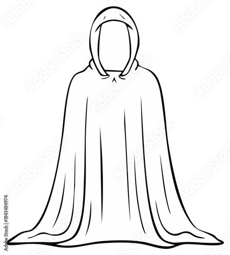 Monochrome drawing of a mysterious faceless figure in a long hooded cloak