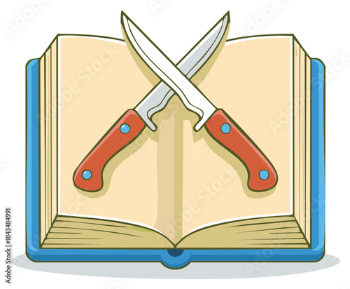 An open book with two crossed sharp knives representing conflict or dangerous knowledge illustration