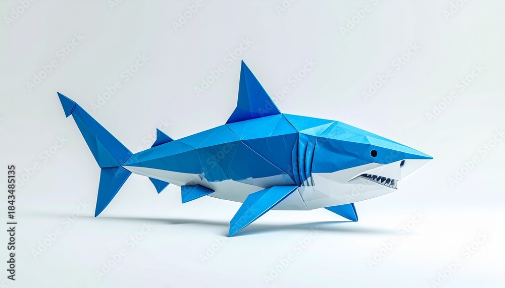 Fototapeta premium “Polygonal blue and white shark with angular surfaces on white background”