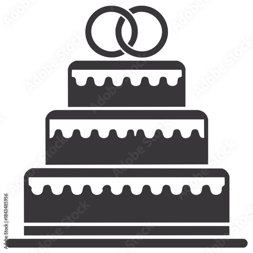 Elegant Wedding Cake Icon with Interlocking Rings Three Tiered Confection Celebration Cake Graphic Silhouette Black and White