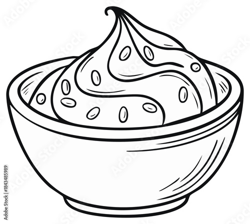 Hand drawn black and white illustration of a bowl filled with a swirled creamy topping and scattered small oval seeds or chocolate chips