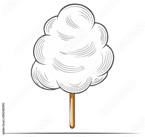 Illustration of Cotton Candy on a Stick, Engraved Style Drawing, Sweet Treat