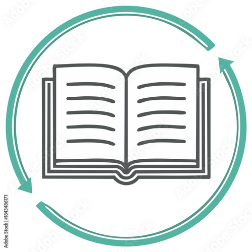 Continuous learning icon with an open book inside circular arrows symbolizing education and knowledge refresh