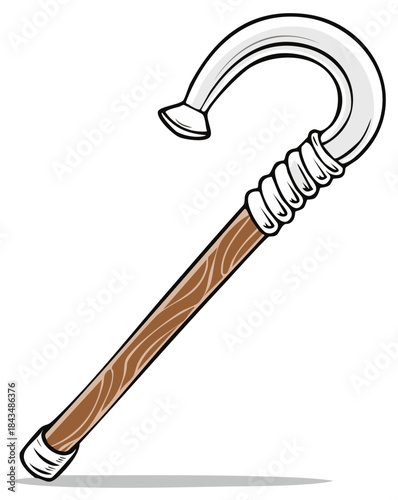 Classic Wooden Walking Cane with Curved Silver Handle Vector Illustration